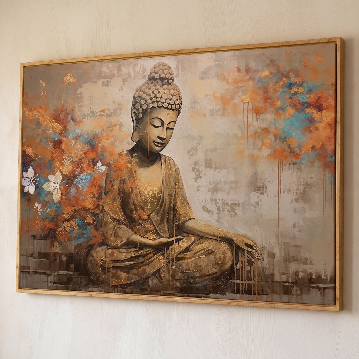 Seated Buddha with Floral Motifs. Meditative Canvas Wall Art shown in white oak floating frame