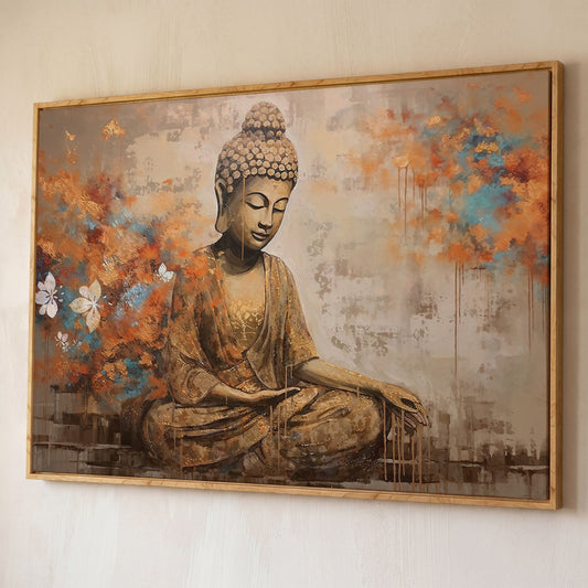 Seated Buddha with Floral Motifs. Meditative Canvas Wall Art shown in white oak floating frame
