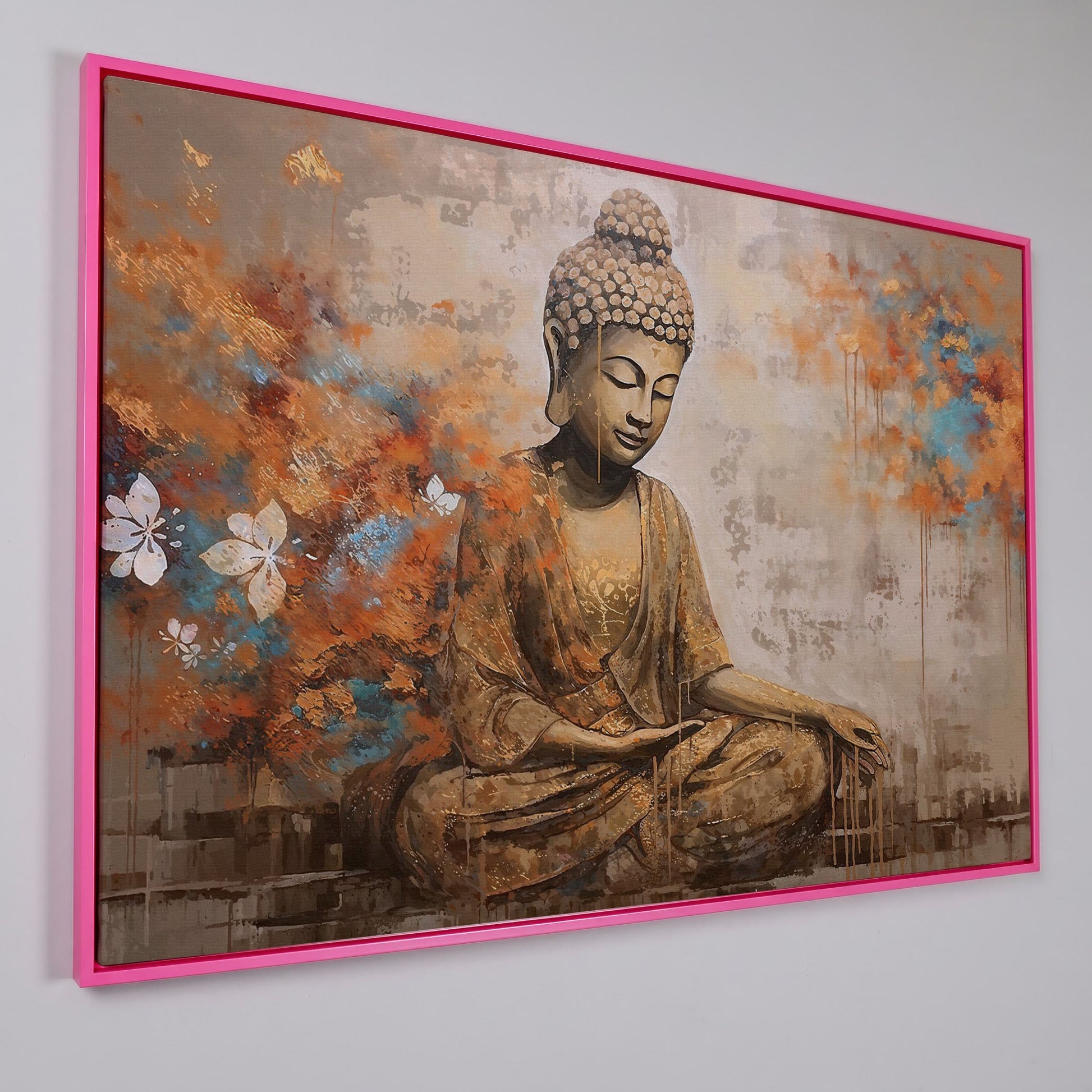 Seated Buddha with Floral Motifs. Meditative Canvas Wall Art in pink floating frame