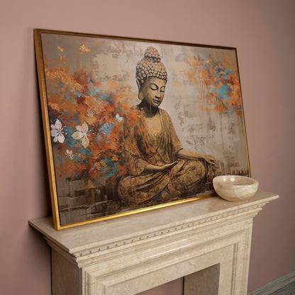 Seated Buddha with Floral Motifs. Meditative Canvas Wall Art in rose gold floating frame