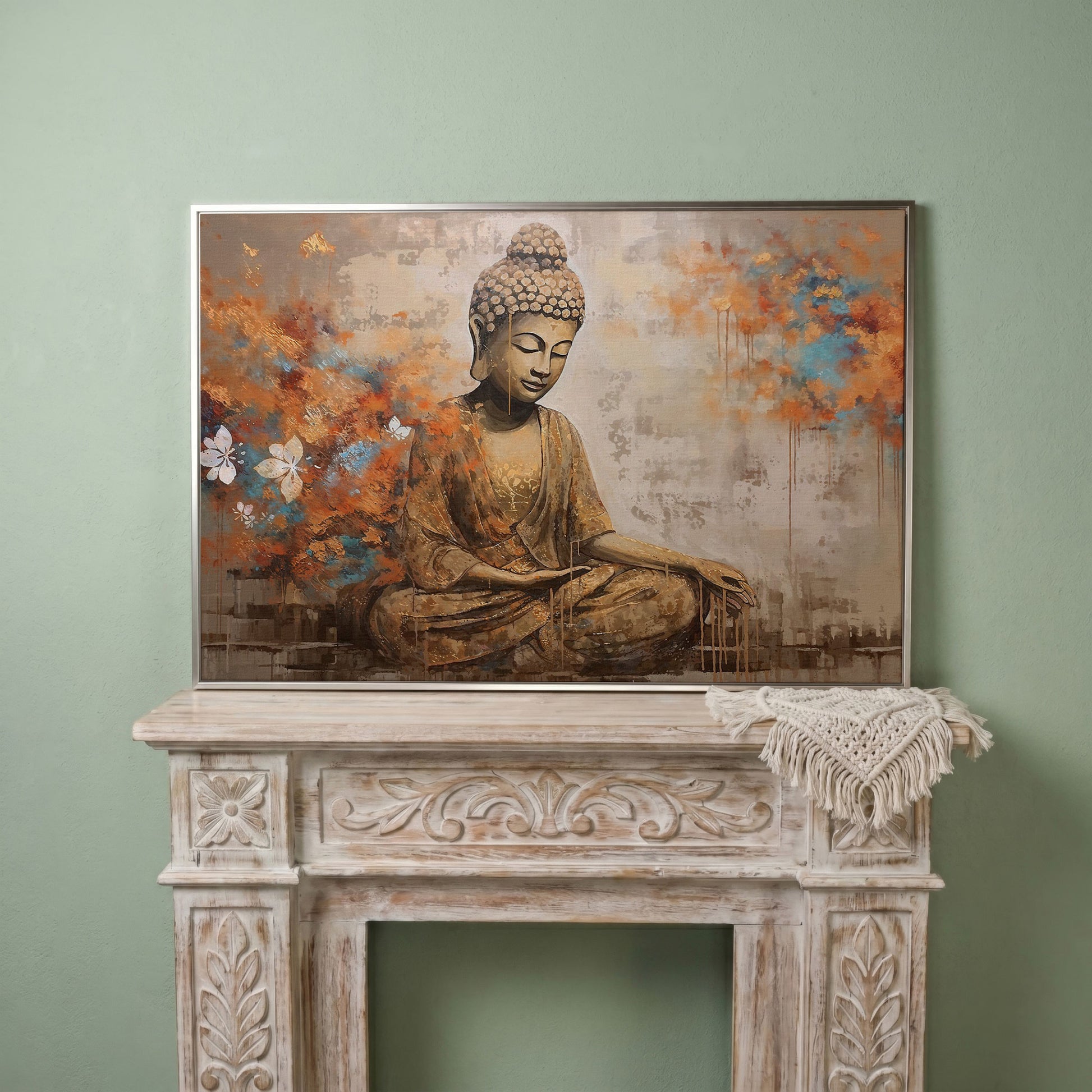 Seated Buddha with Floral Motifs. Meditative Canvas Wall Art in silver floating frame