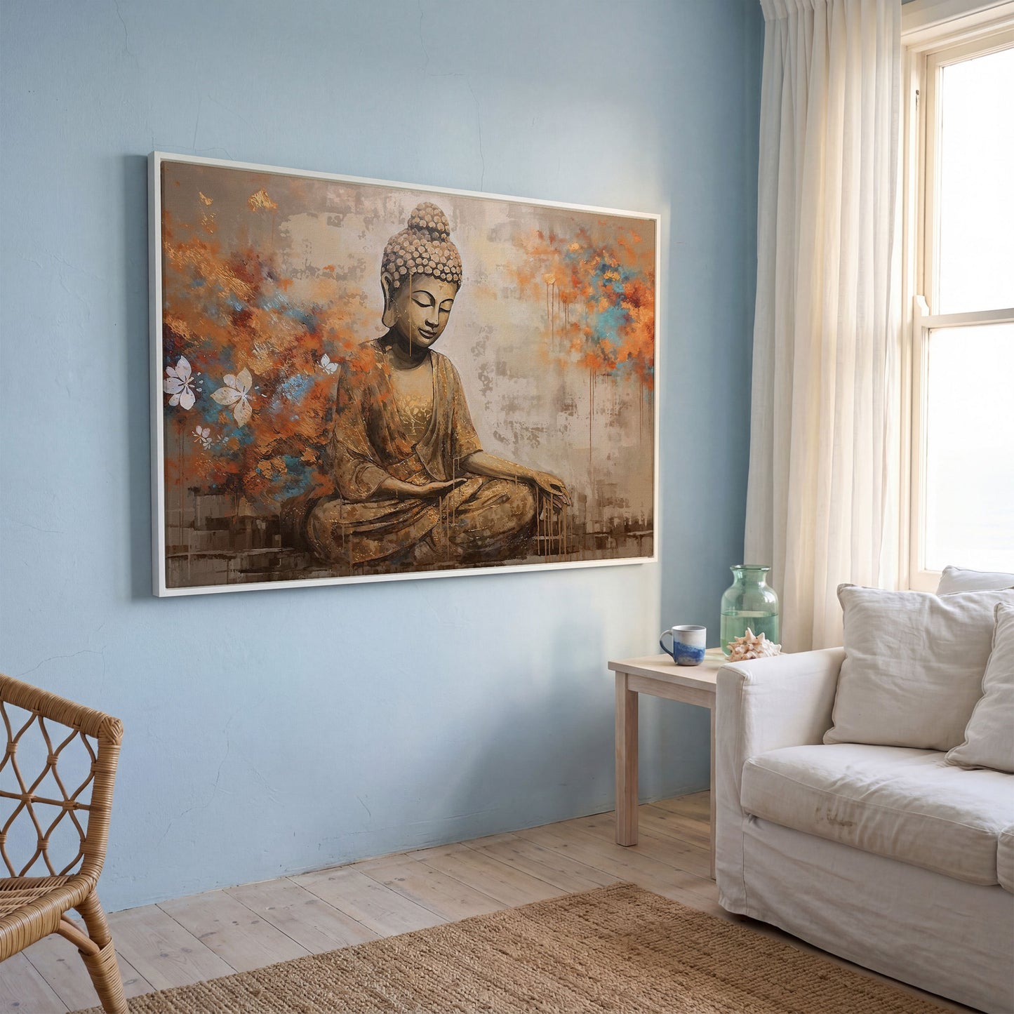 Seated Buddha with Floral Motifs. Meditative Canvas Wall Art in white floating frame