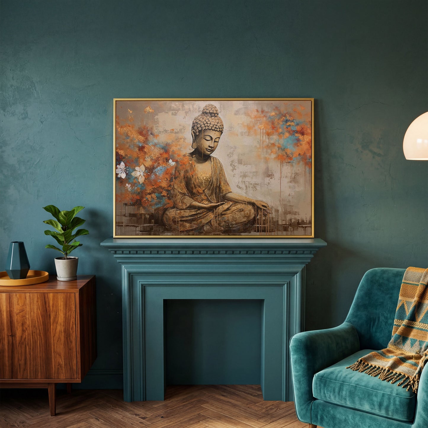 Seated Buddha with Floral Motifs. Meditative Canvas Wall Art in yellow gold floating frame