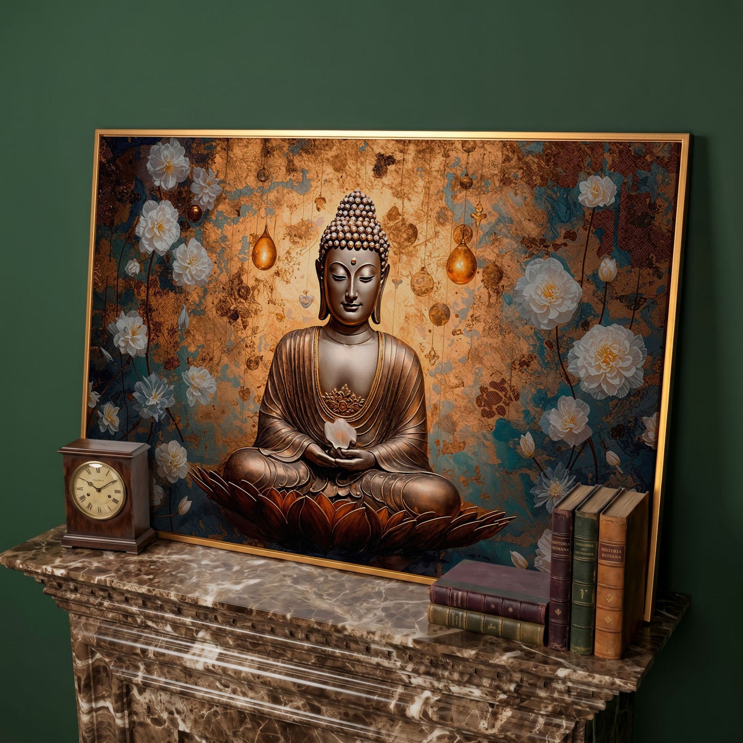 Abstract Buddha with Lotus Canvas Print in antique gold floating frame