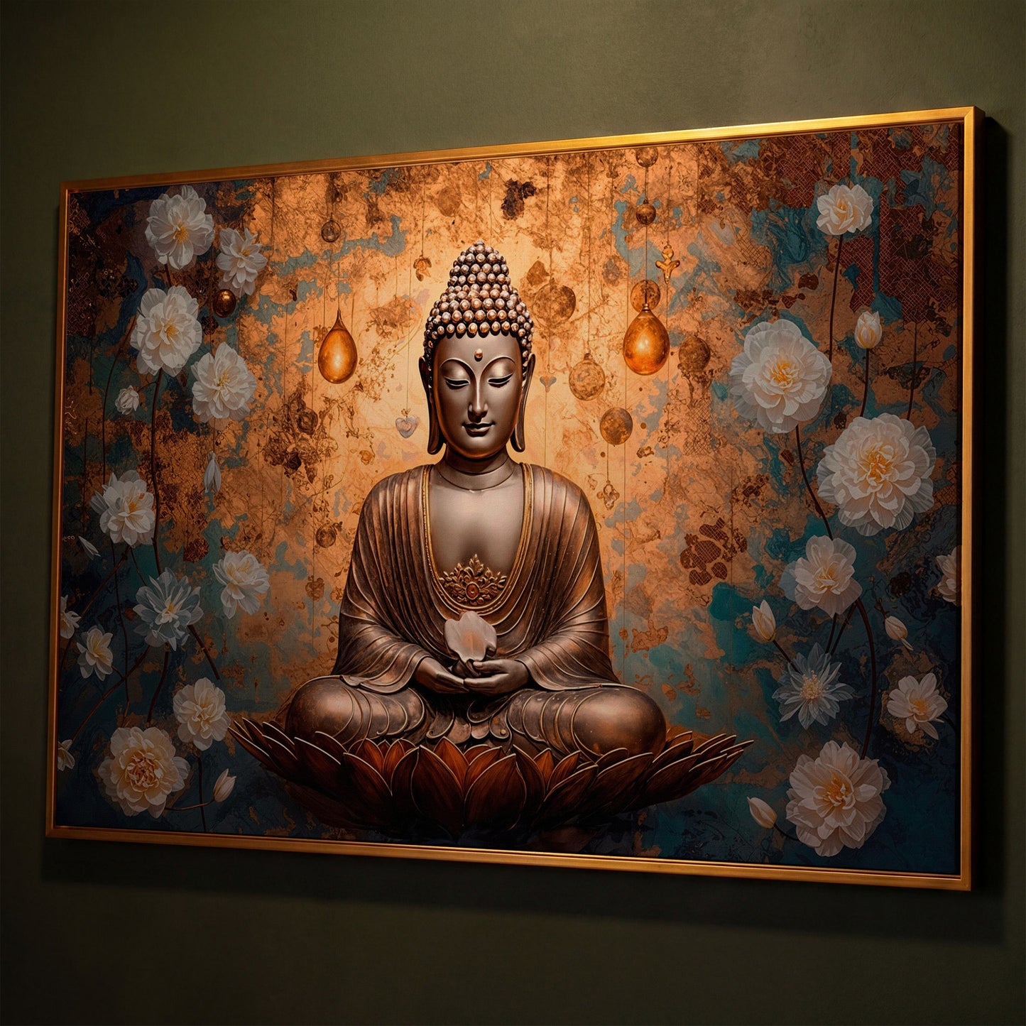 Abstract Buddha with Lotus Canvas Print shown in antique gold floating frame