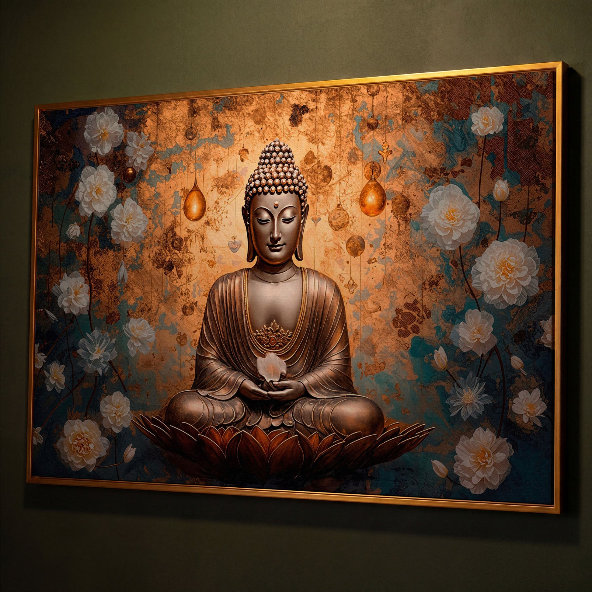 Abstract Buddha with Lotus Canvas Print shown in antique gold floating frame