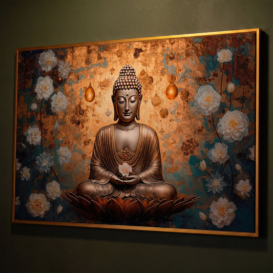 Abstract Buddha with Lotus Canvas Print shown in antique gold floating frame