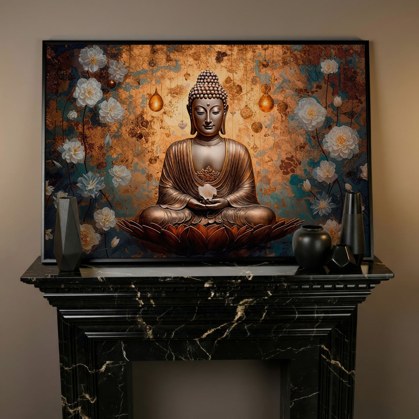 Abstract Buddha with Lotus Canvas Print in black floating frame