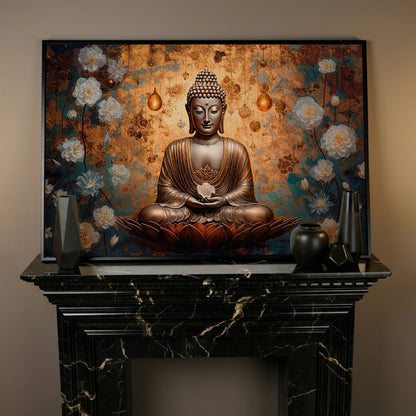 Abstract Buddha with Lotus Canvas Print in black floating frame