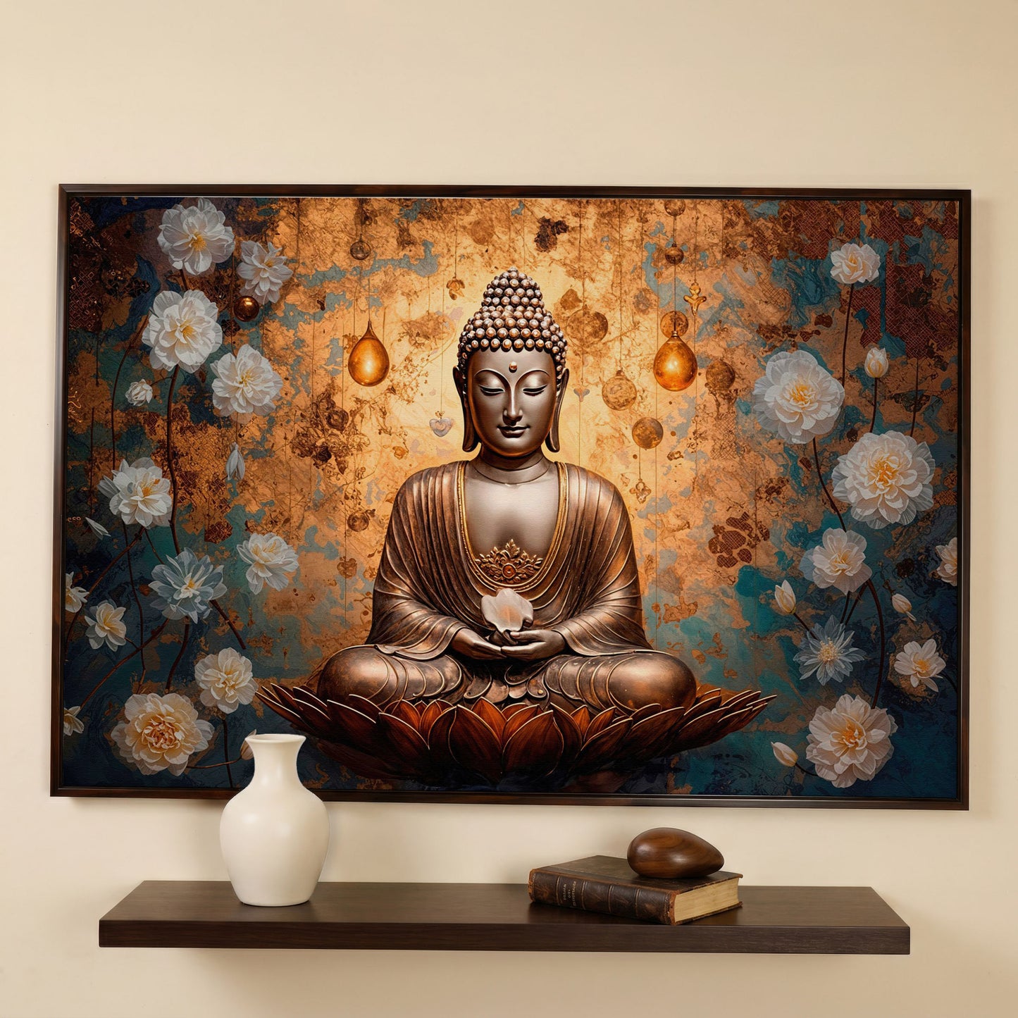 Abstract Buddha with Lotus Canvas Print in dark walnut floating frame