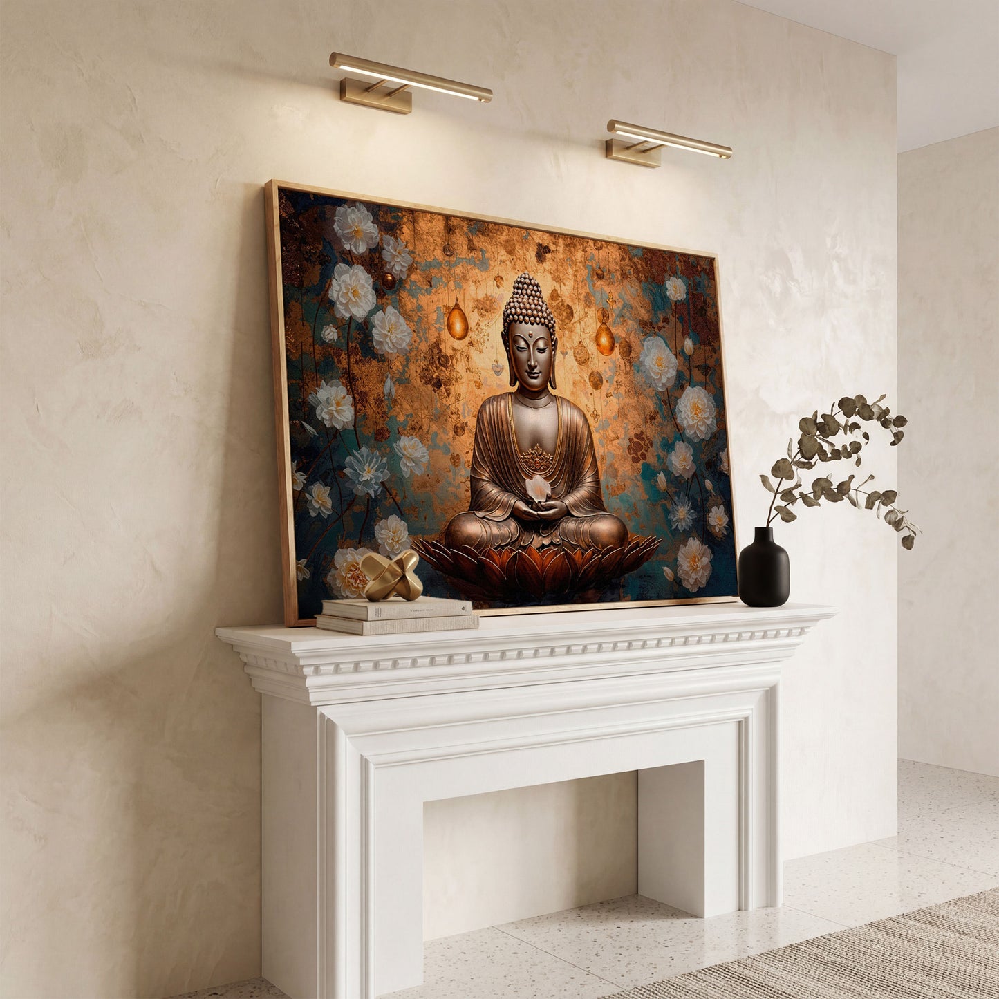 Abstract Buddha with Lotus Canvas Print in white oak floating frame