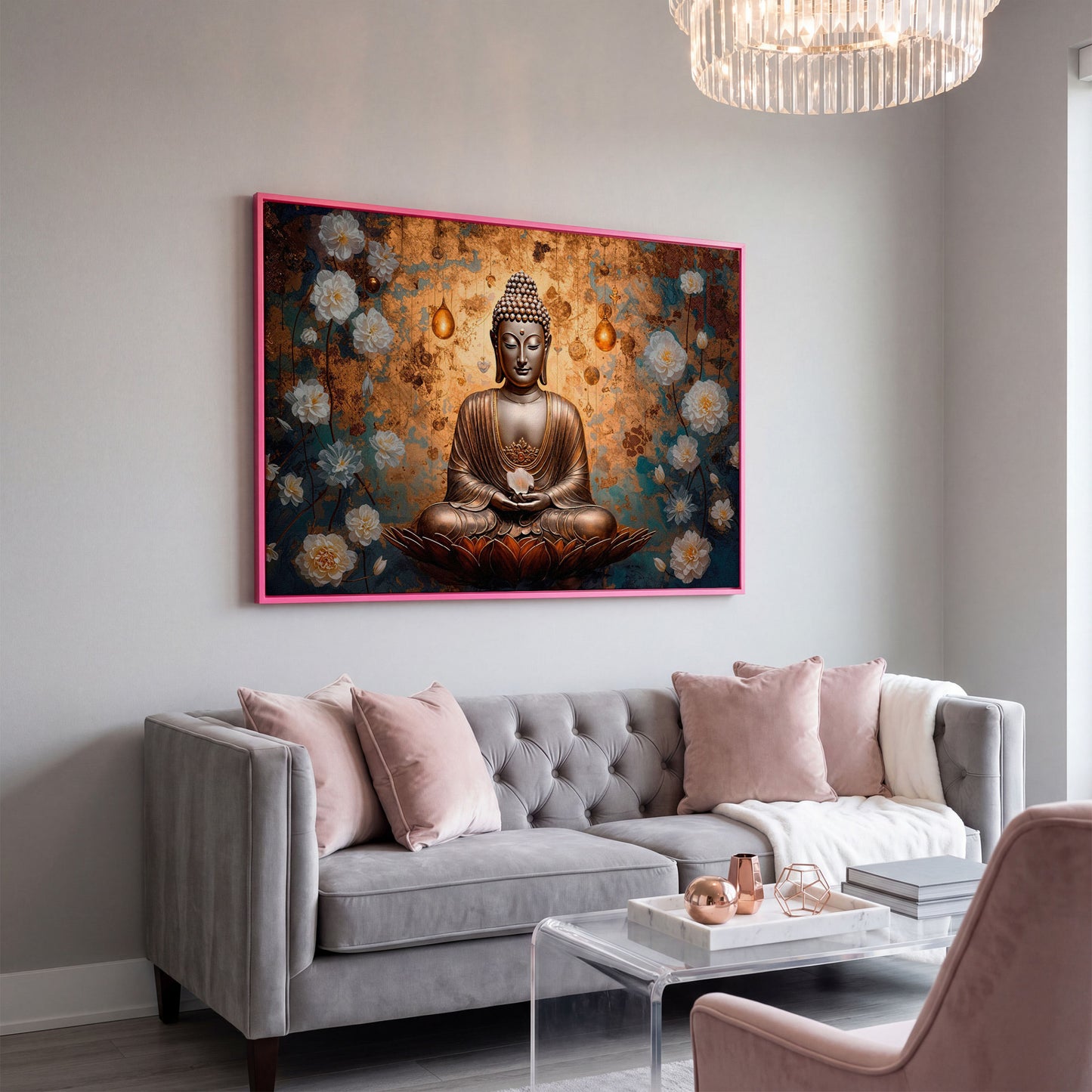 Abstract Buddha with Lotus Canvas Print in pink floating frame