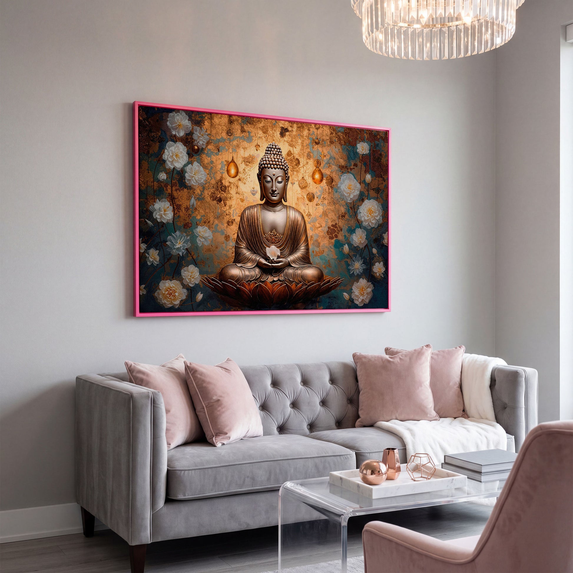 Abstract Buddha with Lotus Canvas Print in pink floating frame