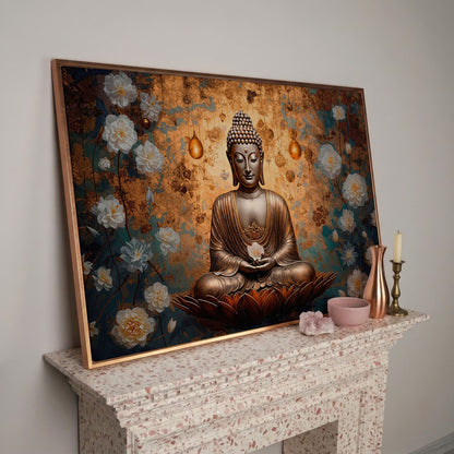 Abstract Buddha with Lotus Canvas Print in rose gold floating frame