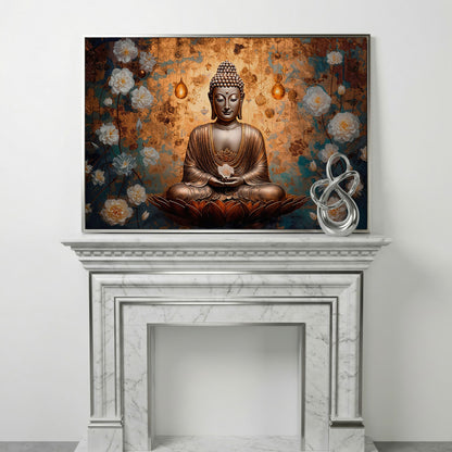 Abstract Buddha with Lotus Canvas Print in silver floating frame