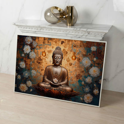 Abstract Buddha with Lotus Canvas Print in white floating frame