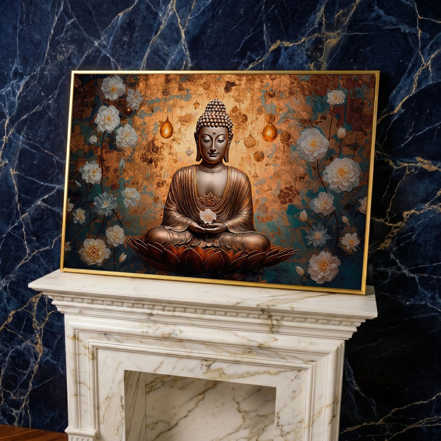 Abstract Buddha with Lotus Canvas Print in yellow gold floating frame