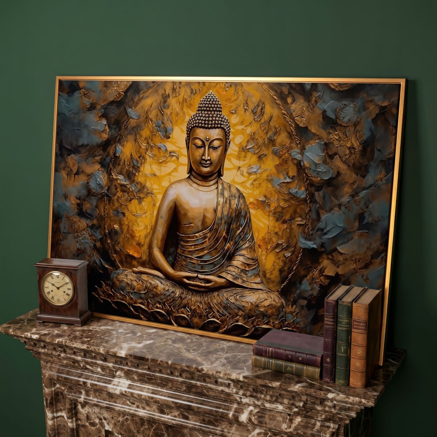 Gold Buddha Meditation Canvas Print in antique gold floating frame