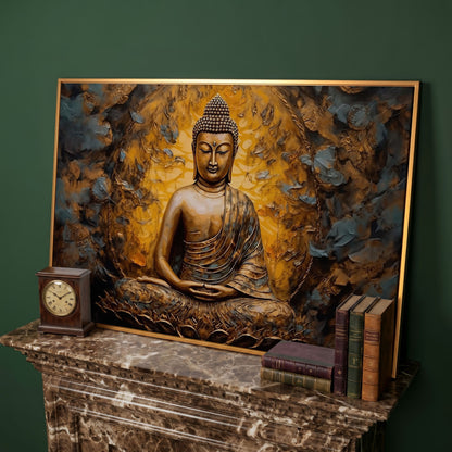 Gold Buddha Meditation Canvas Print in antique gold floating frame