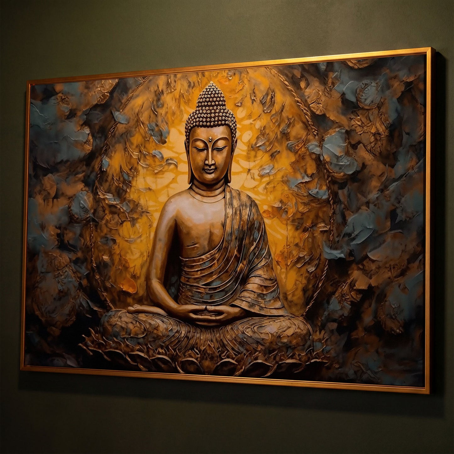 Gold Buddha Meditation Canvas Print shown in antique gold floating frame