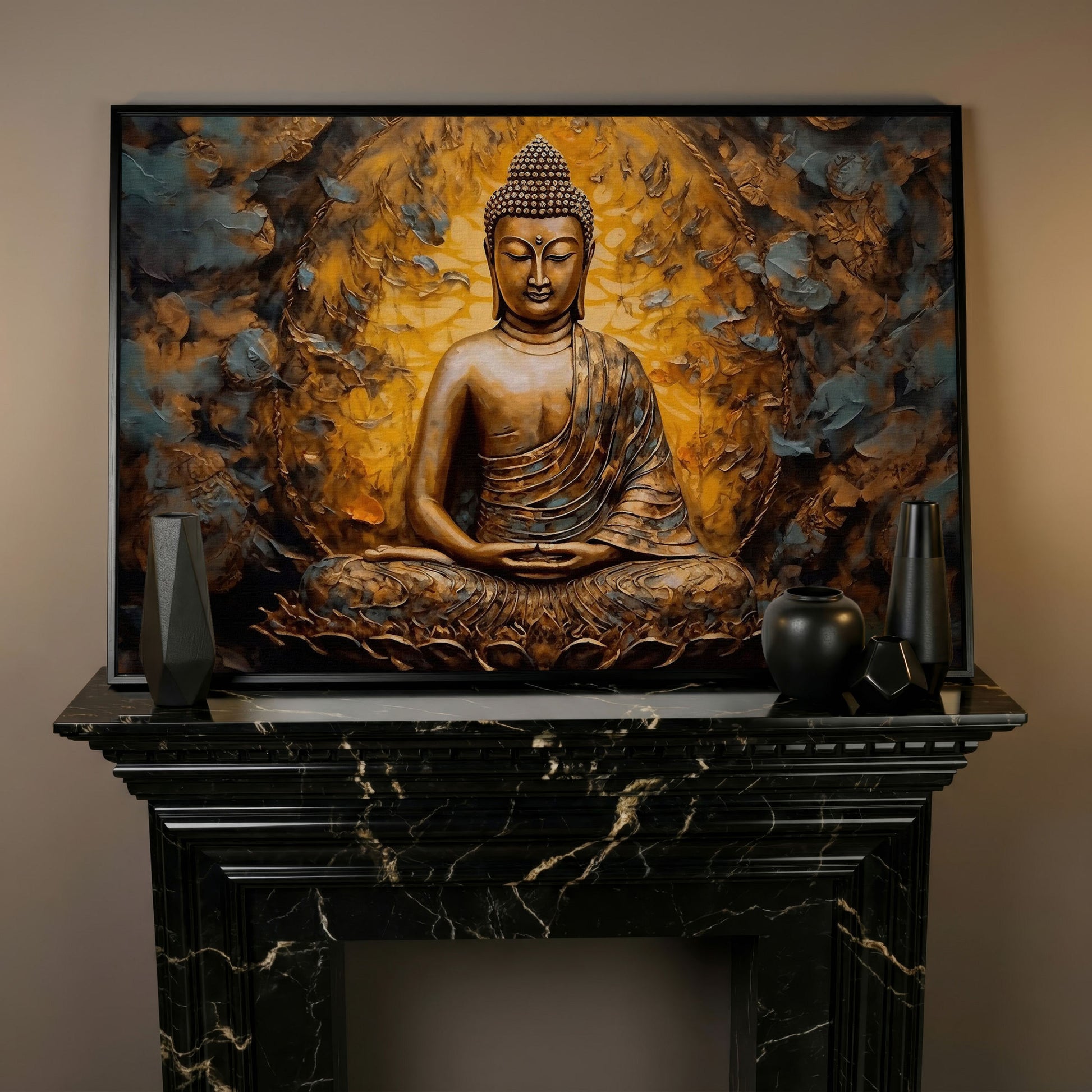 Gold Buddha Meditation Canvas Print in black floating frame