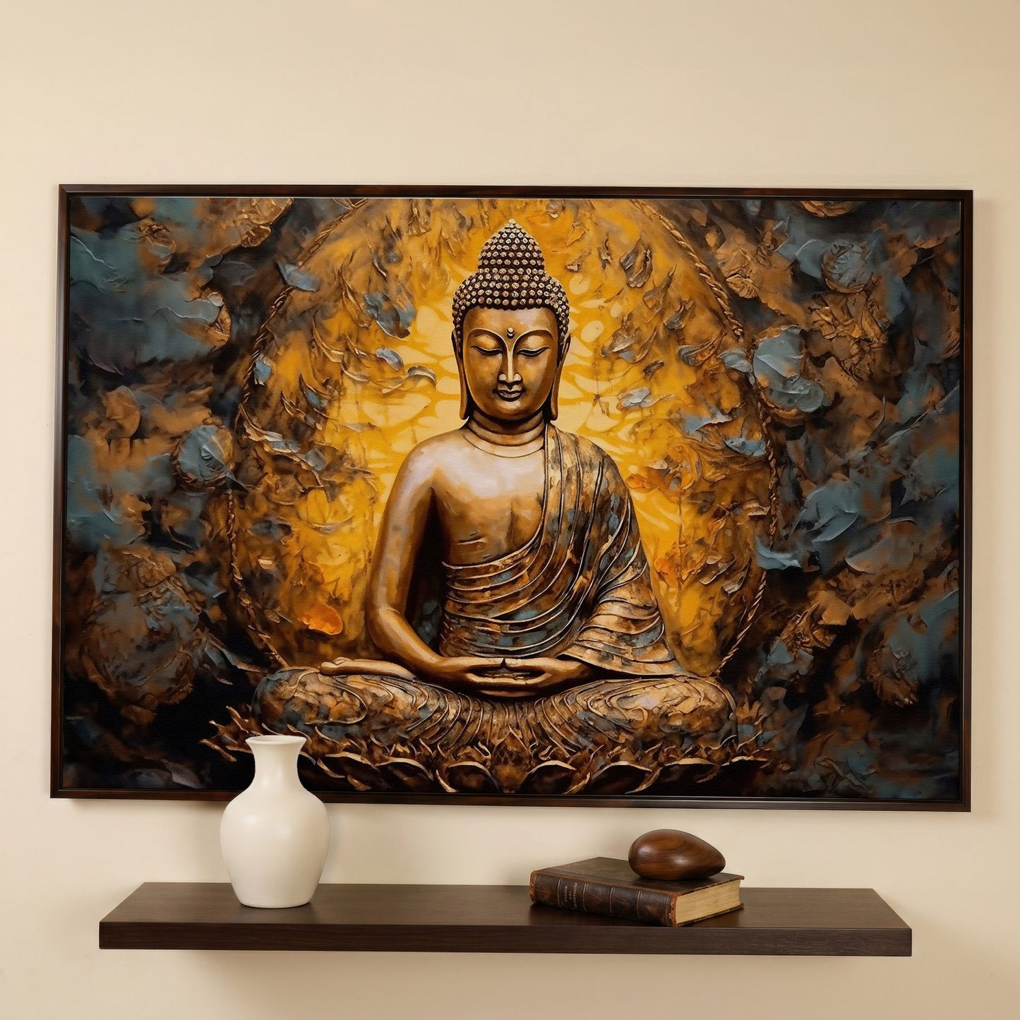 Gold Buddha Meditation Canvas Print in dark walnut floating frame