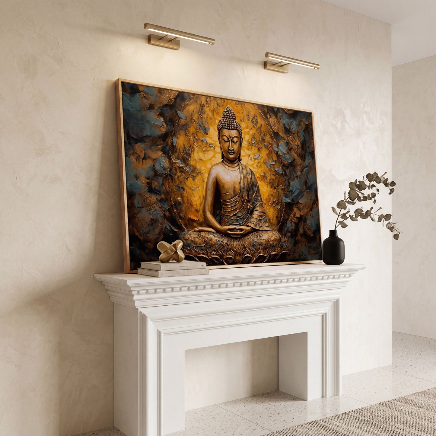 Gold Buddha Meditation Canvas Print in white oak floating frame