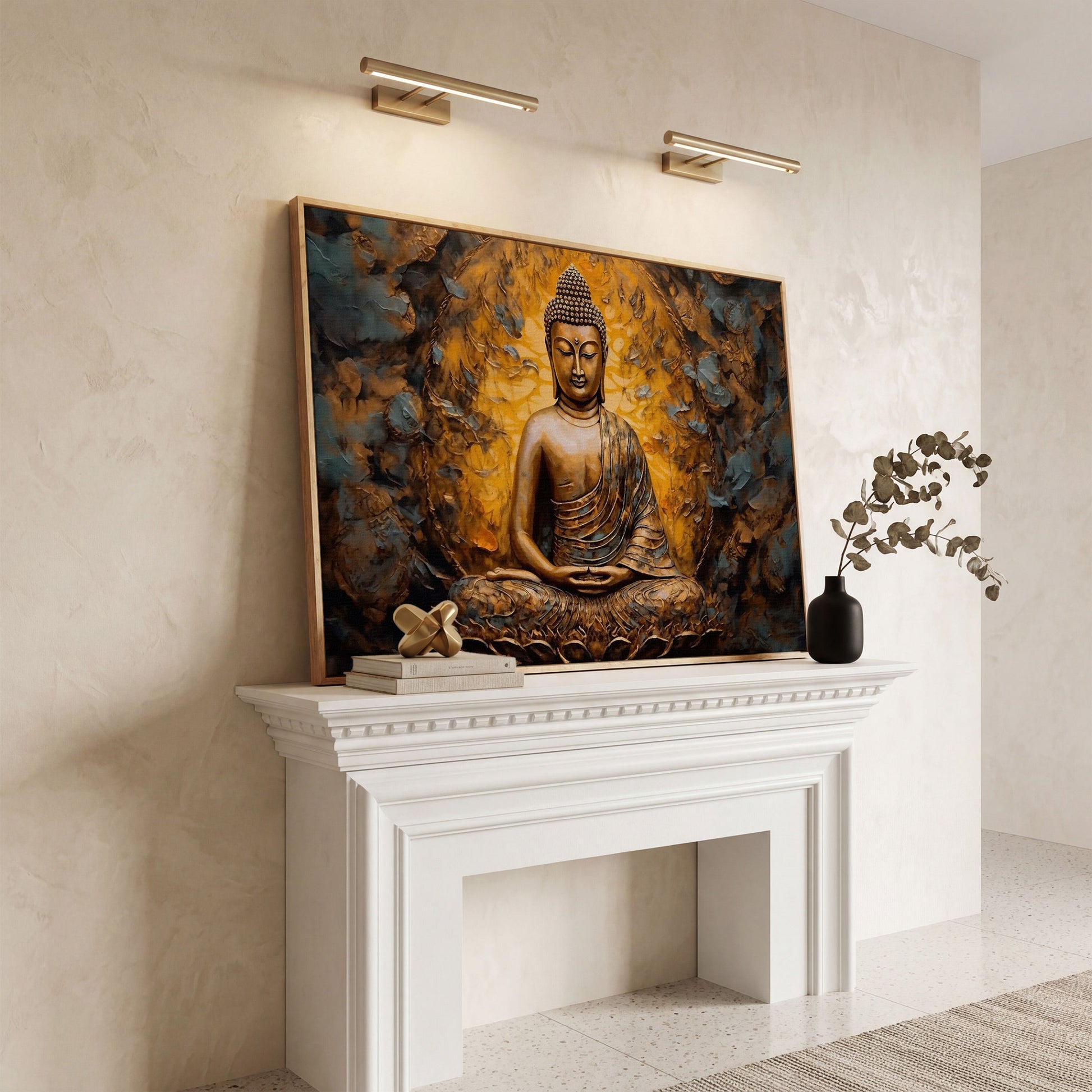 Gold Buddha Meditation Canvas Print in white oak floating frame