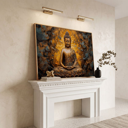 Gold Buddha Meditation Canvas Print in white oak floating frame