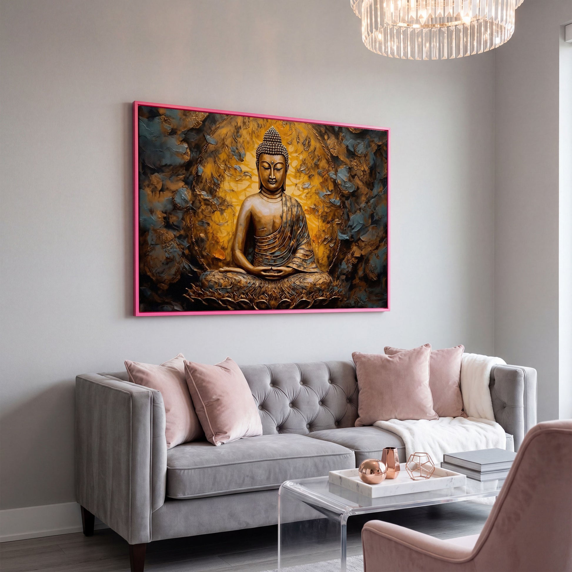 Gold Buddha Meditation Canvas Print in pink floating frame
