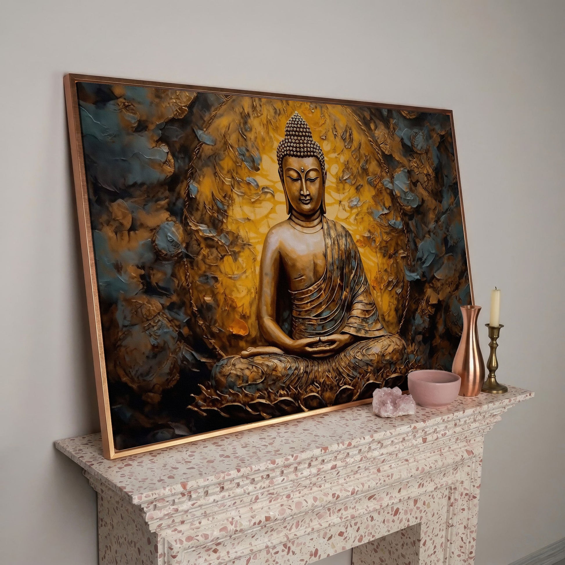 Gold Buddha Meditation Canvas Print in rose gold floating frame