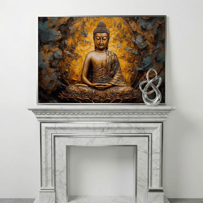 Gold Buddha Meditation Canvas Print in silver floating frame
