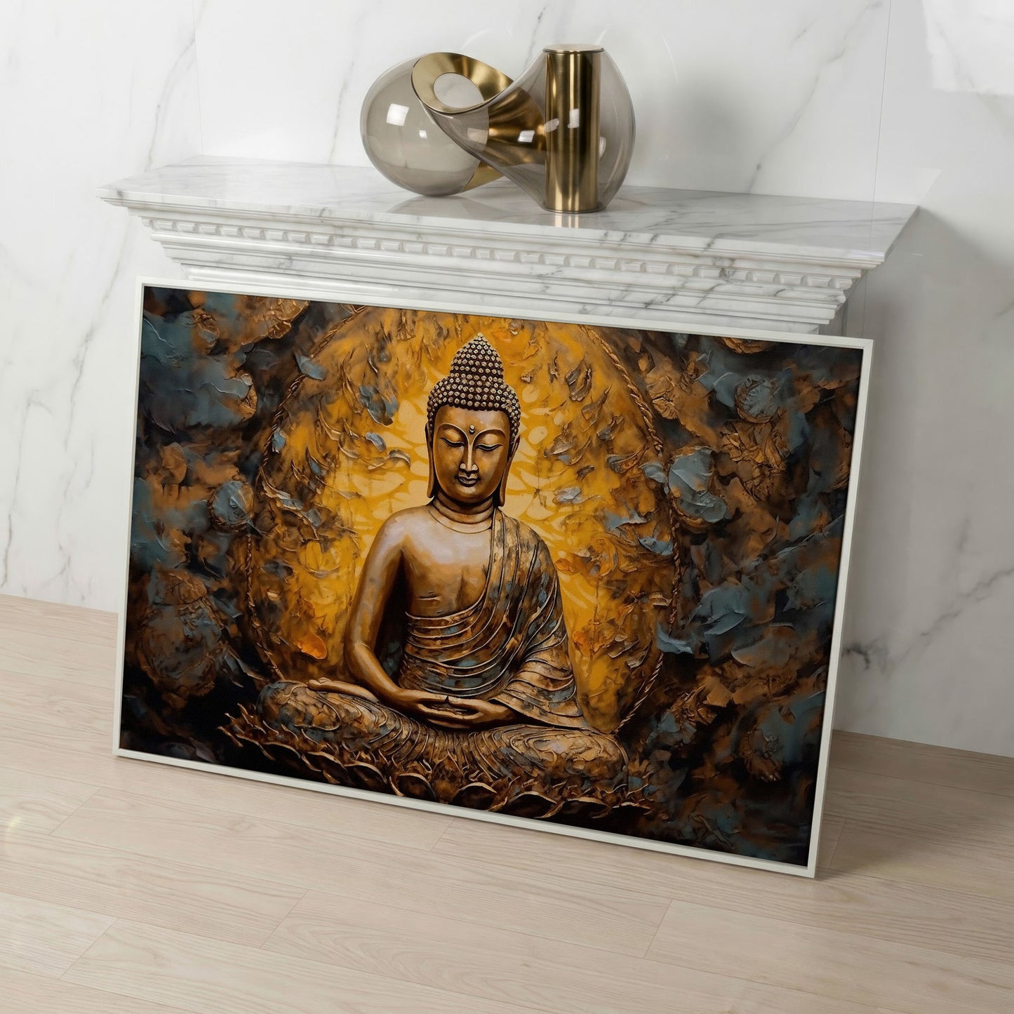 Gold Buddha Meditation Canvas Print in white floating frame
