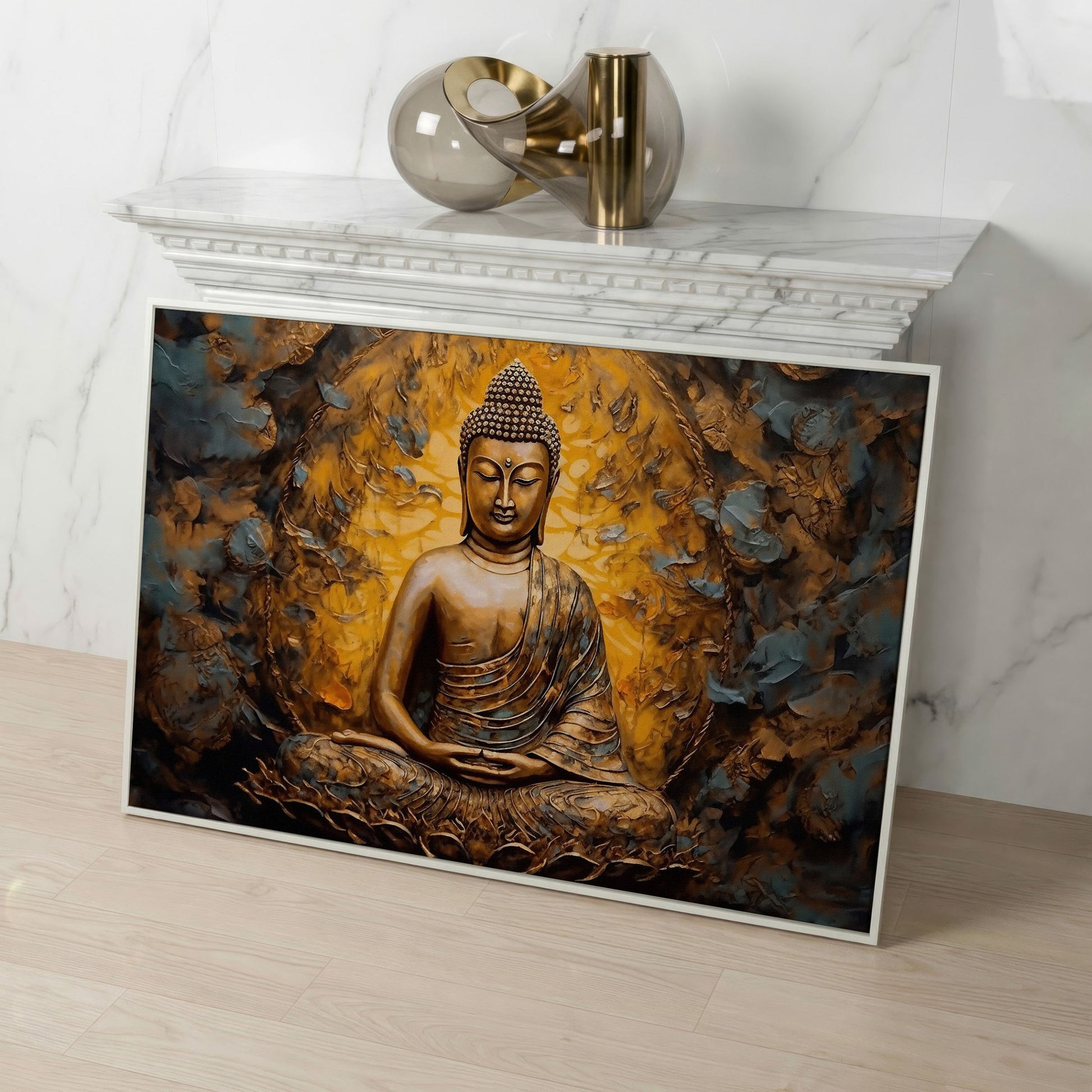 Gold Buddha Meditation Canvas Print in white floating frame