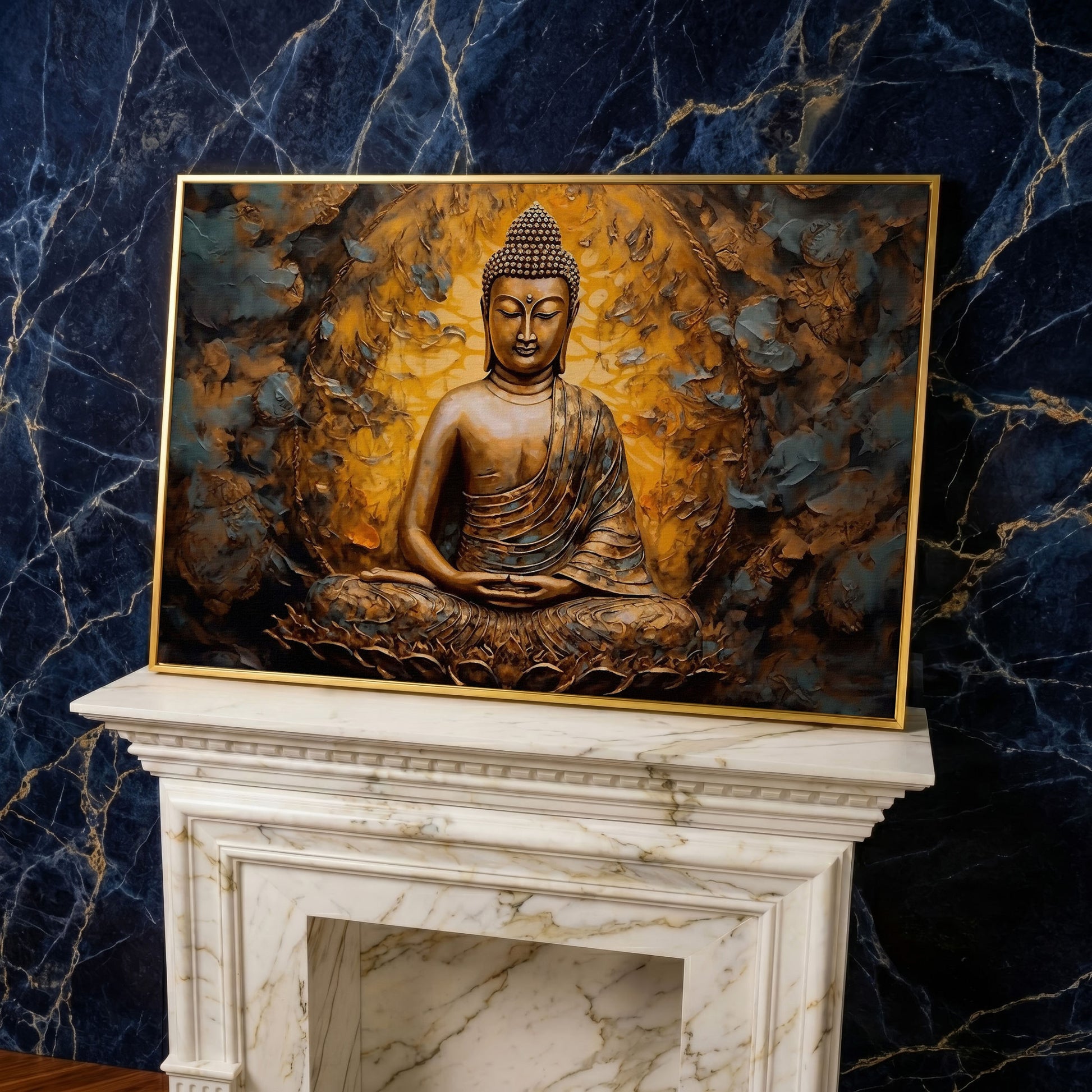 Gold Buddha Meditation Canvas Print in yellow gold floating frame