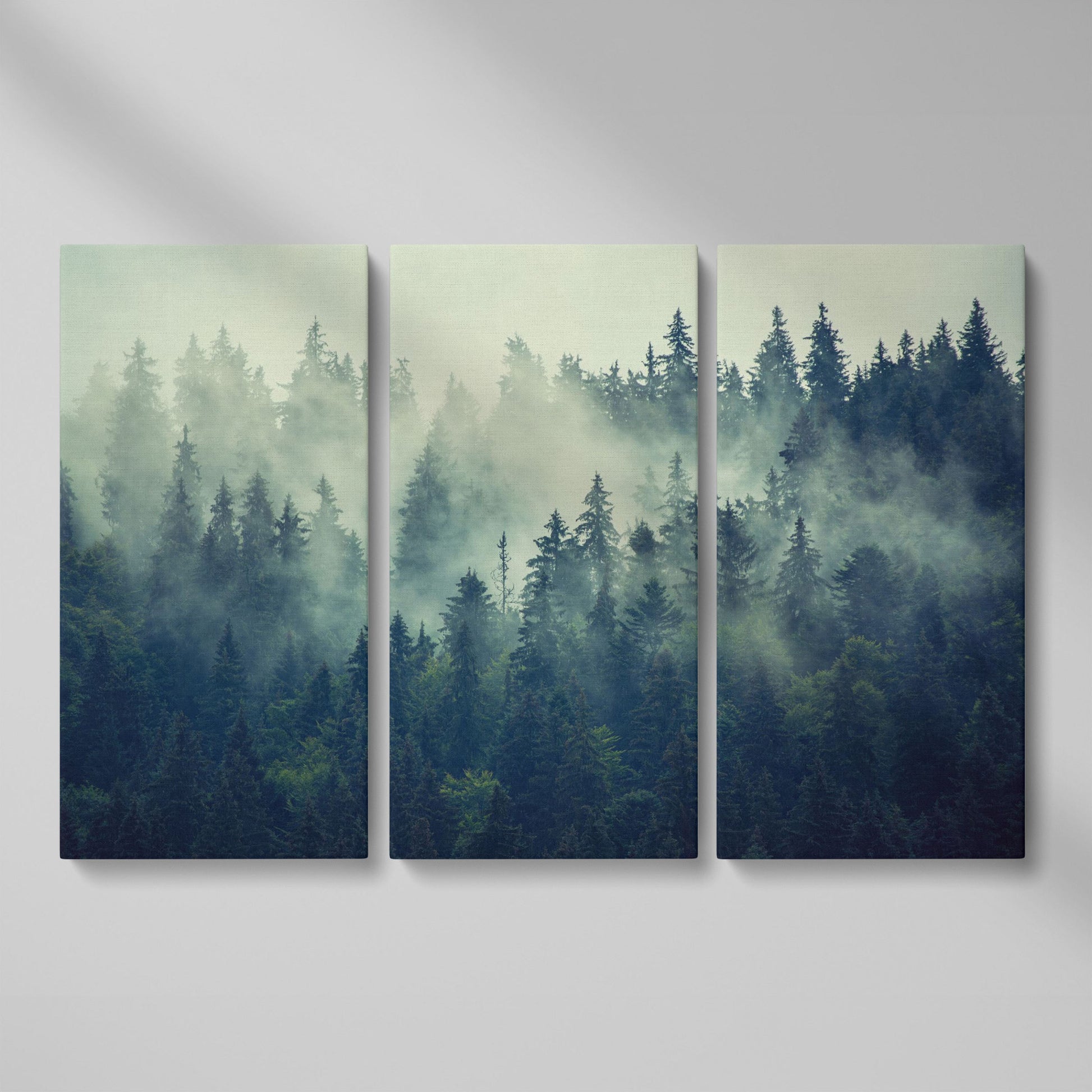 Foggy Forest Canvas Print with Mountain Vista as 3-panel split version