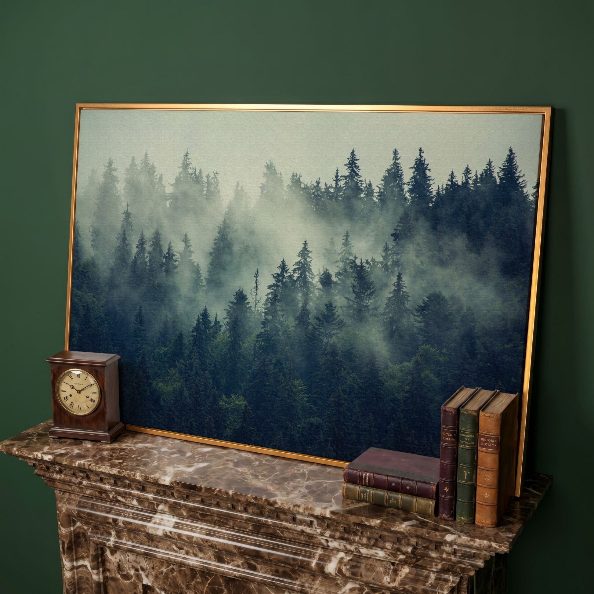 Foggy Forest Canvas Print with Mountain Vista in antique gold floating frame