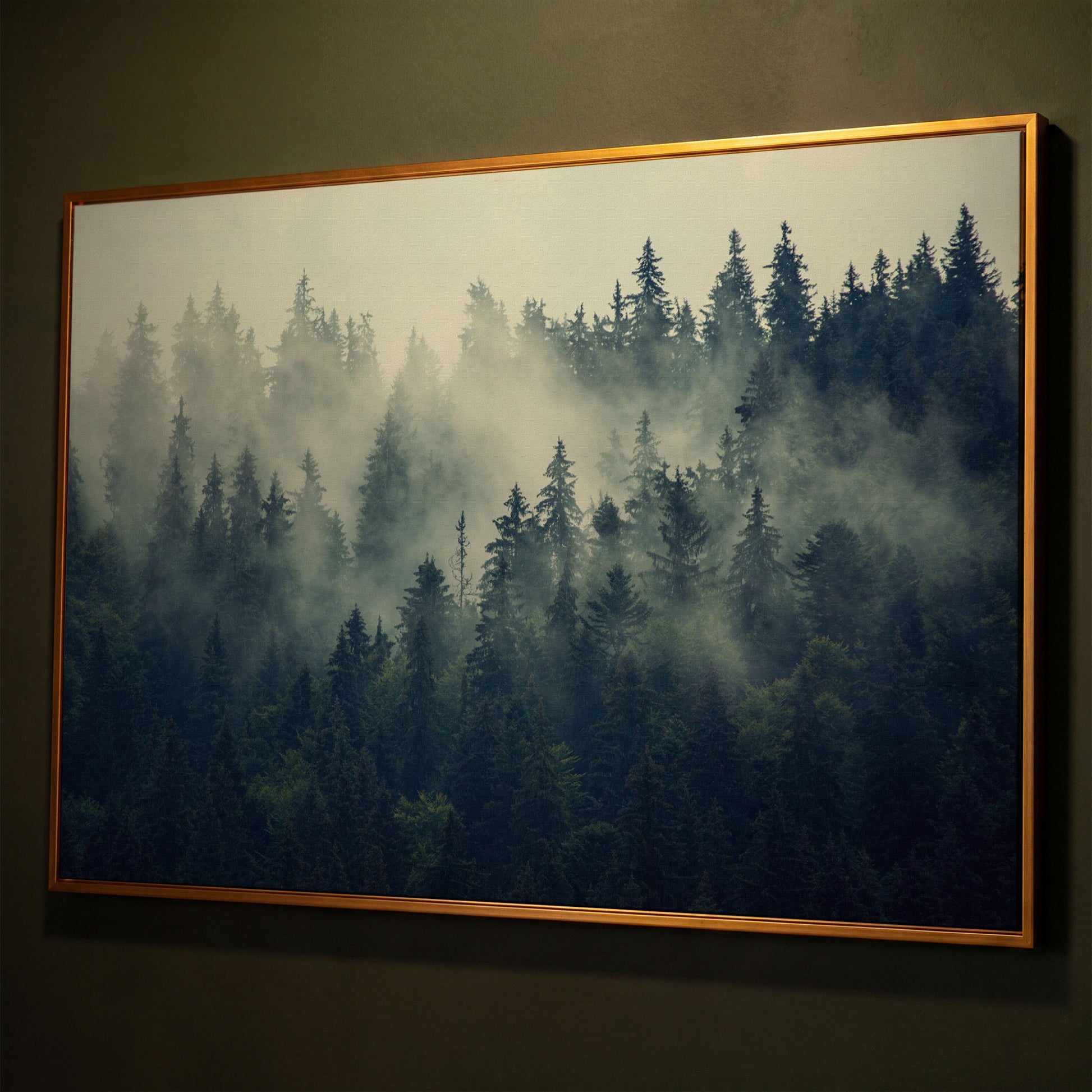 Foggy Forest Canvas Print with Mountain Vista shown in antique gold floating frame