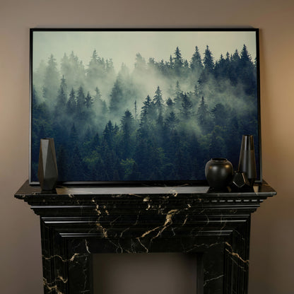 Foggy Forest Canvas Print with Mountain Vista in black floating frame