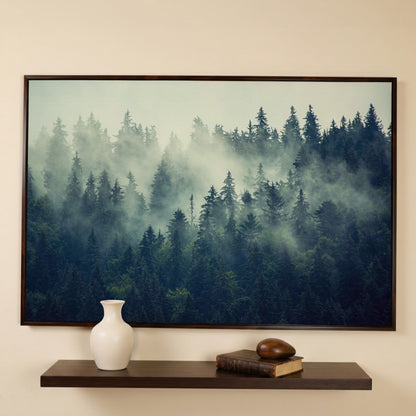 Foggy Forest Canvas Print with Mountain Vista in dark walnut floating frame