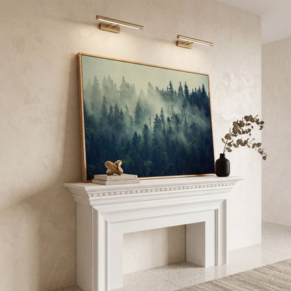Foggy Forest Canvas Print with Mountain Vista in white oak floating frame