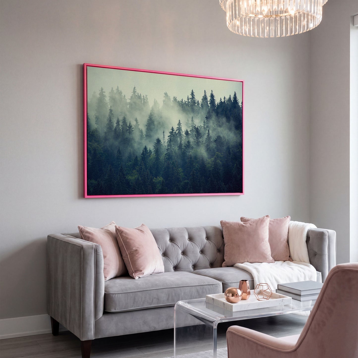 Foggy Forest Canvas Print with Mountain Vista in pink floating frame
