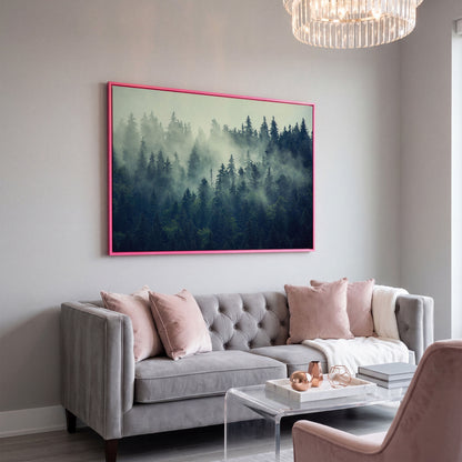 Foggy Forest Canvas Print with Mountain Vista in pink floating frame