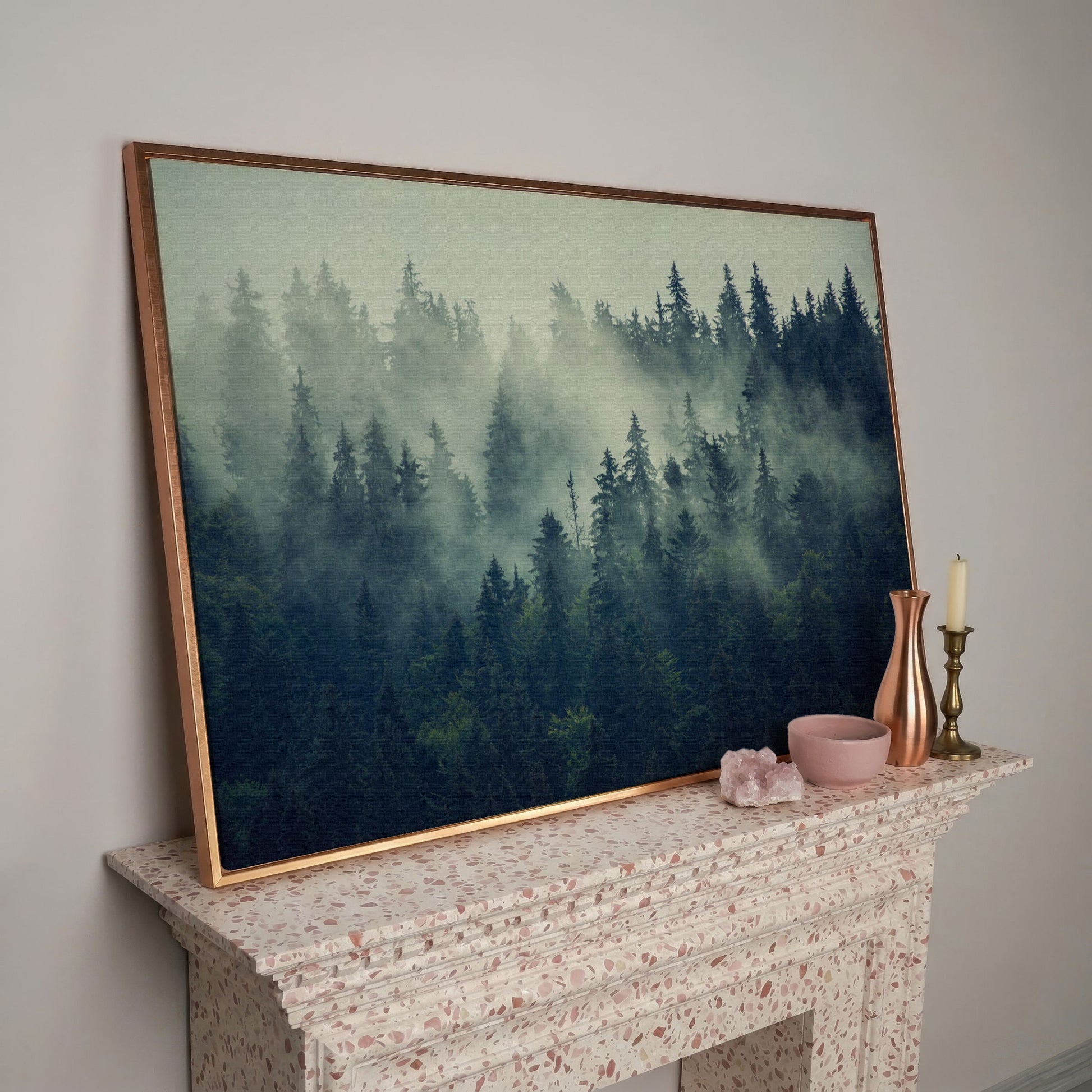 Foggy Forest Canvas Print with Mountain Vista in rose gold floating frame