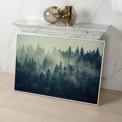 Foggy Forest Canvas Print with Mountain Vista in white floating frame