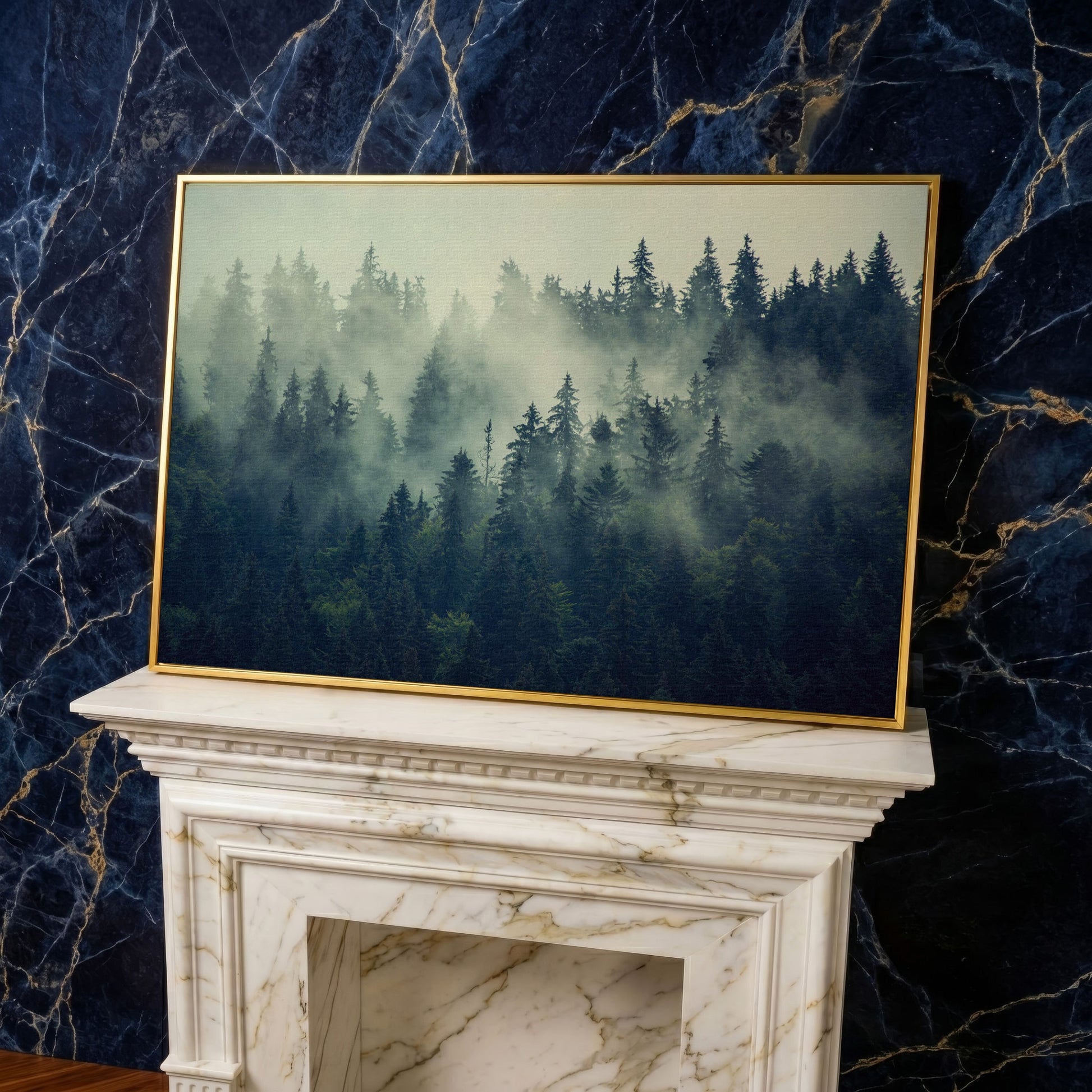 Foggy Forest Canvas Print with Mountain Vista in yellow gold floating frame