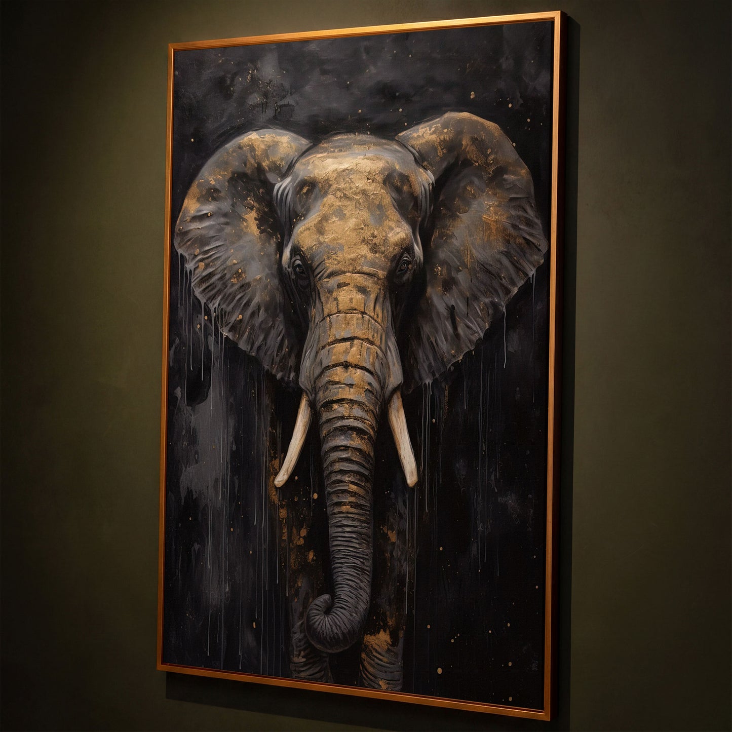 Golden Elephant Portrait Canvas shown in antique gold floating frame