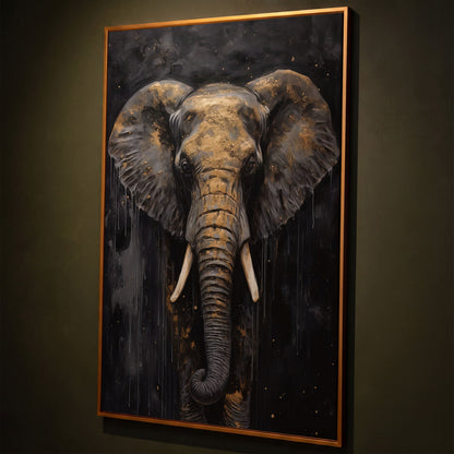 Golden Elephant Portrait Canvas shown in antique gold floating frame