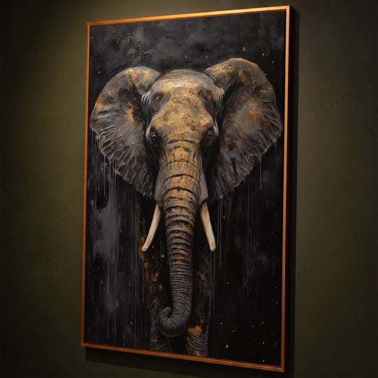 Golden Elephant Portrait Canvas shown in antique gold floating frame