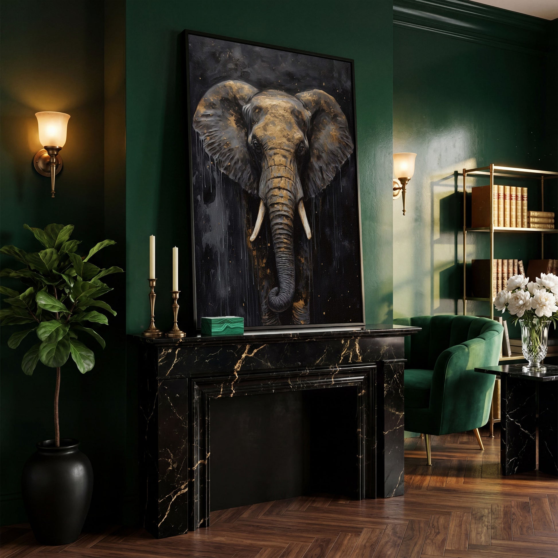 Golden Elephant Portrait Canvas in black floating frame